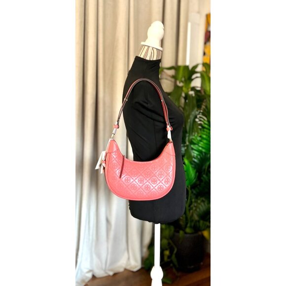 NEW!!!  AUTHENTIC TORY BURCH CORAL CRUSH MONOGRAM CRESENT HANDBAG - Picture 2 of 13